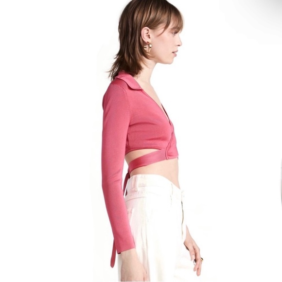 NEW CULT GAIA PINK KNIT CROPPED WRAP TOP - Picture 5 of 11